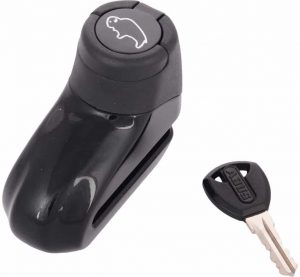 a black coloured motorcycle disc brake lock with key